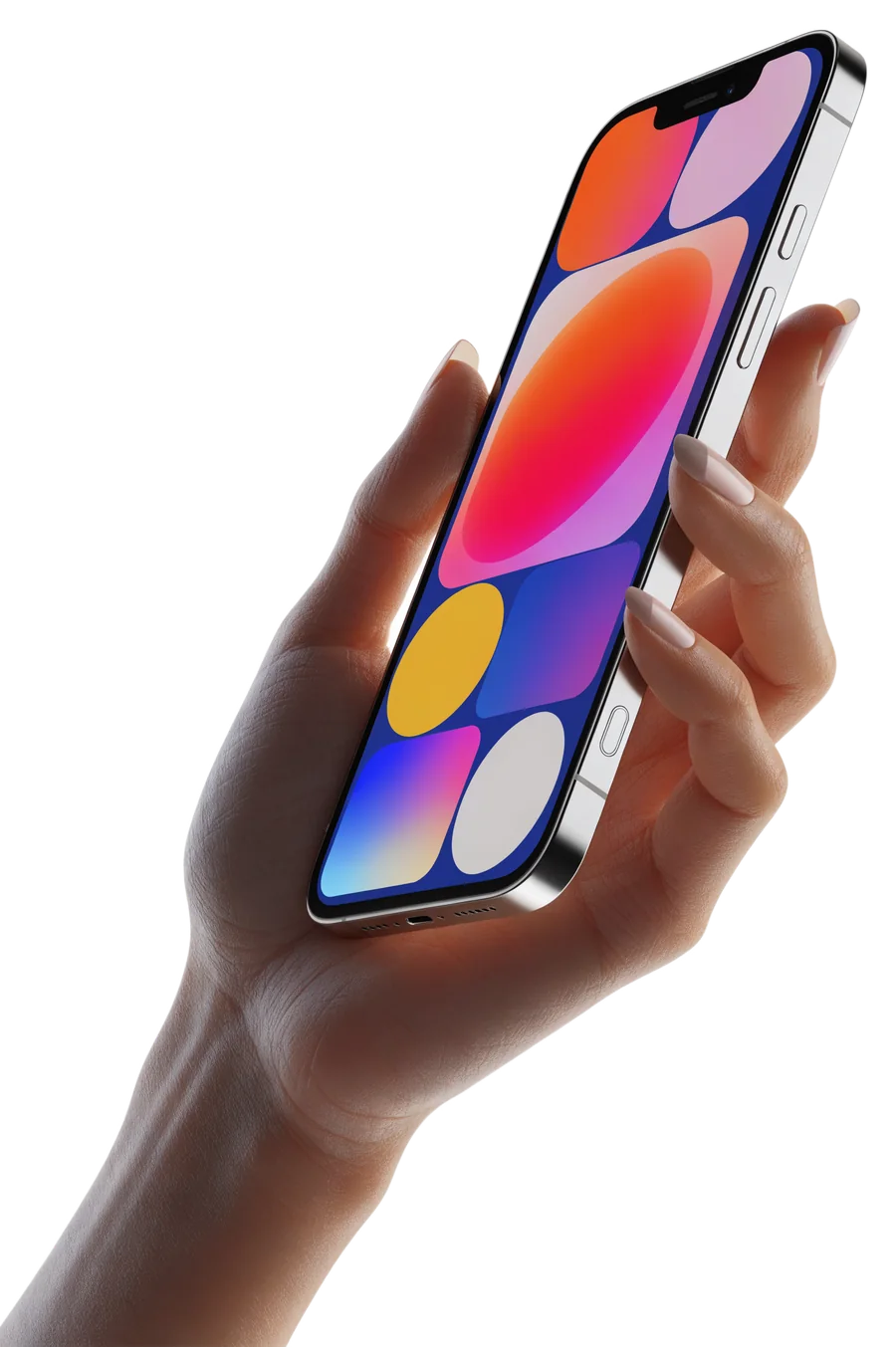 A hand holding a smartphone running a colourful app