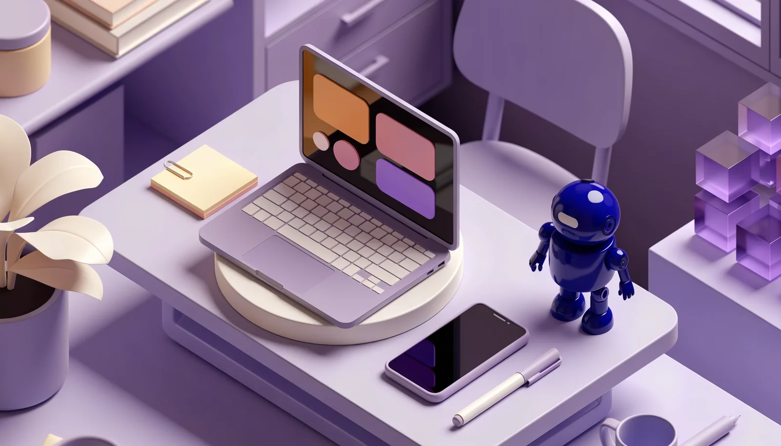 Isometric 3D illustration of the PixnMind product studio desk